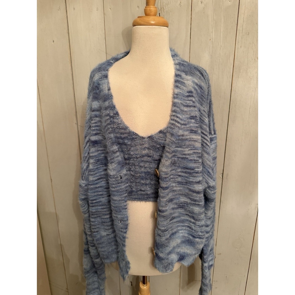 Free People Movement Sweater Set Cardigan L Bra Tank Blue Chunky Soft Knit NewU2